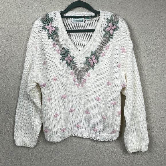 Vintage Shenanigans Knitted By Hand V Neck Floral Sweater White Pink Sz L - Picture 1 of 9